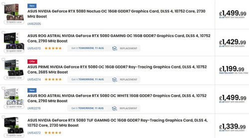 RTX 5080 Noctua OC Edition является самой дорогой версией RTX 5080 в ассортименте ASUS