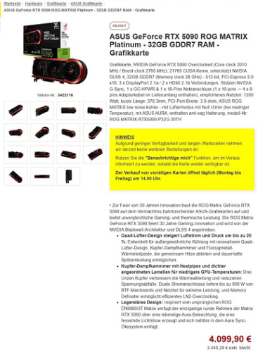 Видеокарта ASUS ROG Matrix Platinum RTX 5090 30th Anniversary Edition оценена в €4100 Видеокарта ASUS ROG Matrix Platinum RTX 5090 30th Anniversary Edition оценена в €4100