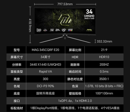 200 Hz за $230: MSI выпустила доступный игровой монитор MAG 345CQRF E20