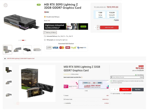 Премиальную MSI GeForce RTX 5090 Lightning Z можно найти в индийской рознице за $9000