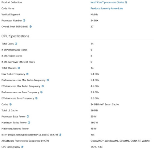 Новый процессор Intel Core 7 245HX полностью повторяет Core Ultra 5 235HX