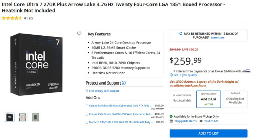 Core Ultra 7 270K Plus подешевел до $260 менее чем через 2 месяца после запуска Core Ultra 7 270K Plus подешевел до $260 менее чем через 2 месяца после запуска