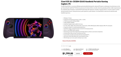 Портативная игровая консоль MSI Claw 8 EX AI+ оценена в приличные $1699 Портативная игровая консоль MSI Claw 8 EX AI+ оценена в приличные $1699