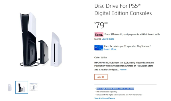 Sony ограничила продажи дисководов для PS5 Digital Edition и PS5 Pro &mdash; из-за подскочившего спроса 