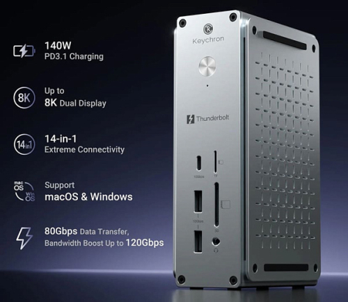 Первая док-станция от Keychron предлагает 14 разъёмов, в том числе три Thunderbolt 5