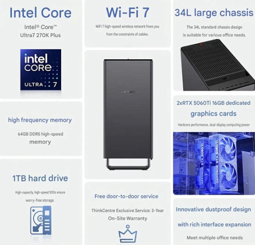 Рабочая станция ThinkCentre X Tower включает две игровые видеокарты GeForce RTX 5060 Ti 16GB Рабочая станция ThinkCentre X Tower включает две игровые видеокарты GeForce RTX 5060 Ti 16GB