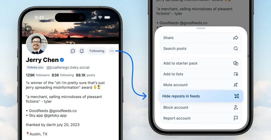Bluesky добавила скрытие репостов от конкретного пользователя и нумерацию тредов