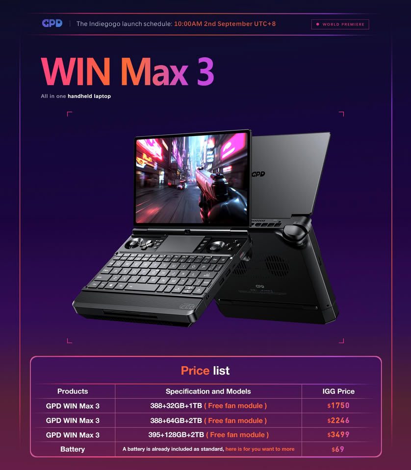 GPD Win Max 3 стартует с $1750 — топ-версия с Ryzen AI Max+ 395 и 128 ГБ ОЗУ стоит $3499