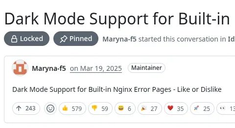 Nginx спустя год так и не добавил тёмную тему для страниц ошибок — голосование пользователей проигнорировано